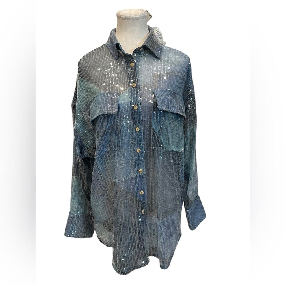 Anthropologie Pilcro Sequin Button Down Shirt XS Blue NWT! Long Sleeve